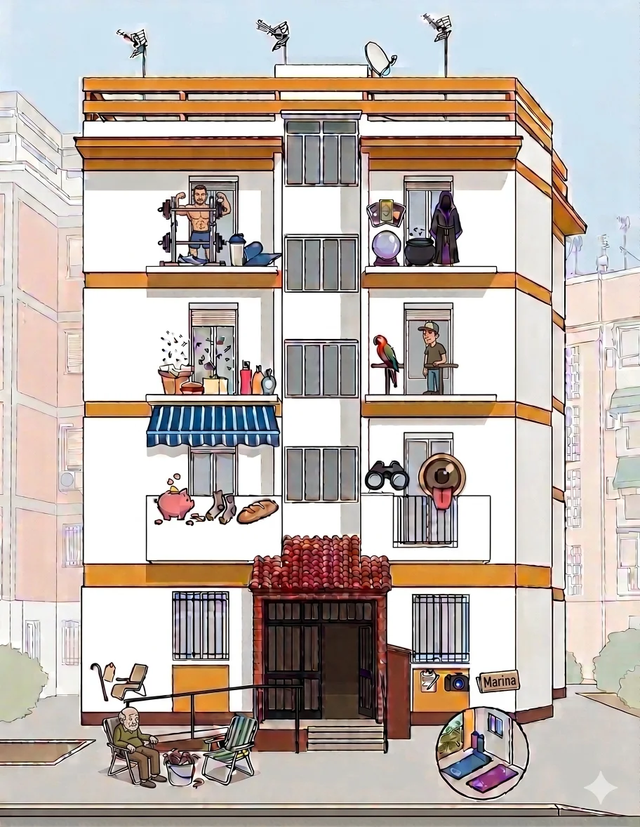 Ilustración del edificio de vecinos con todos los personajes en sus pisos